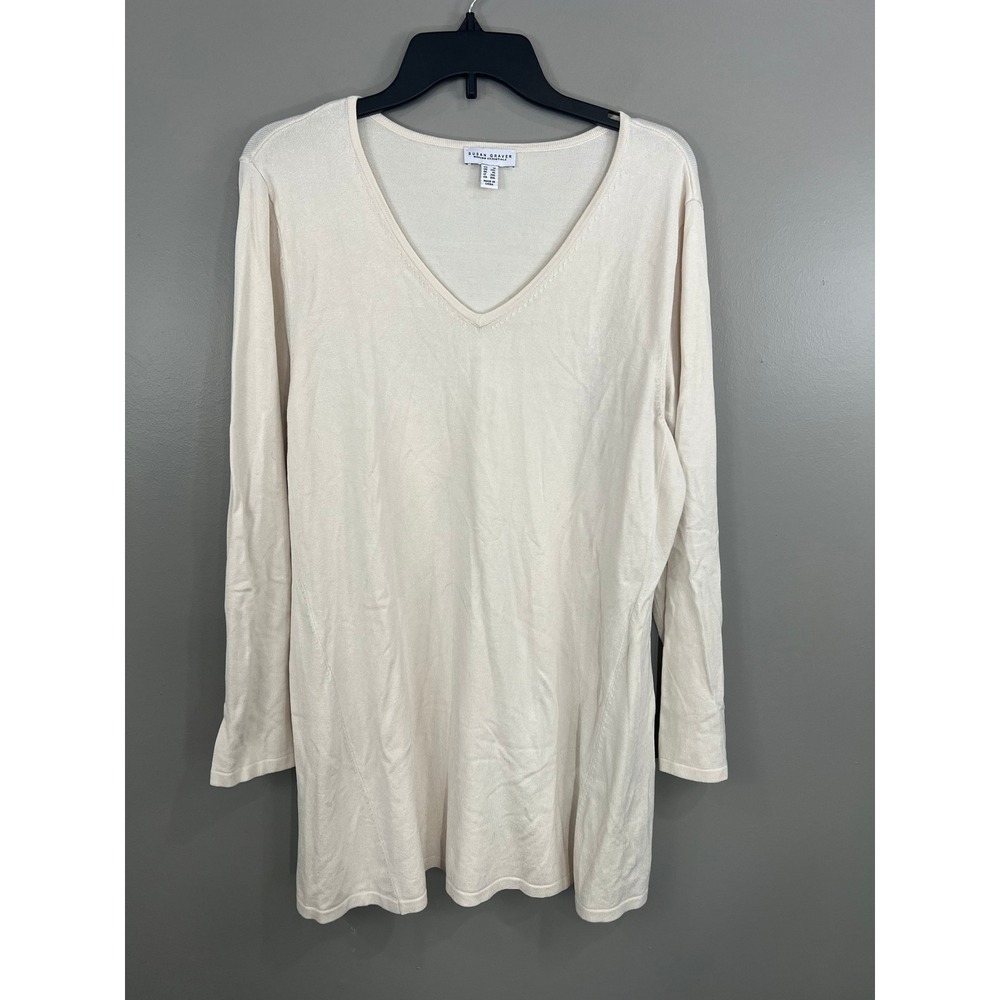 Susan Graver Tunic Top Womens 1X Ivory Great V-Neck Long Sleeve Knit Sweater